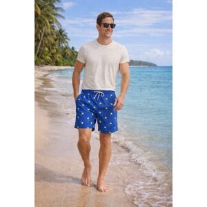 Men Swim Trunks M Blue Palm Print Mesh Lined Drawstring Beach Resort